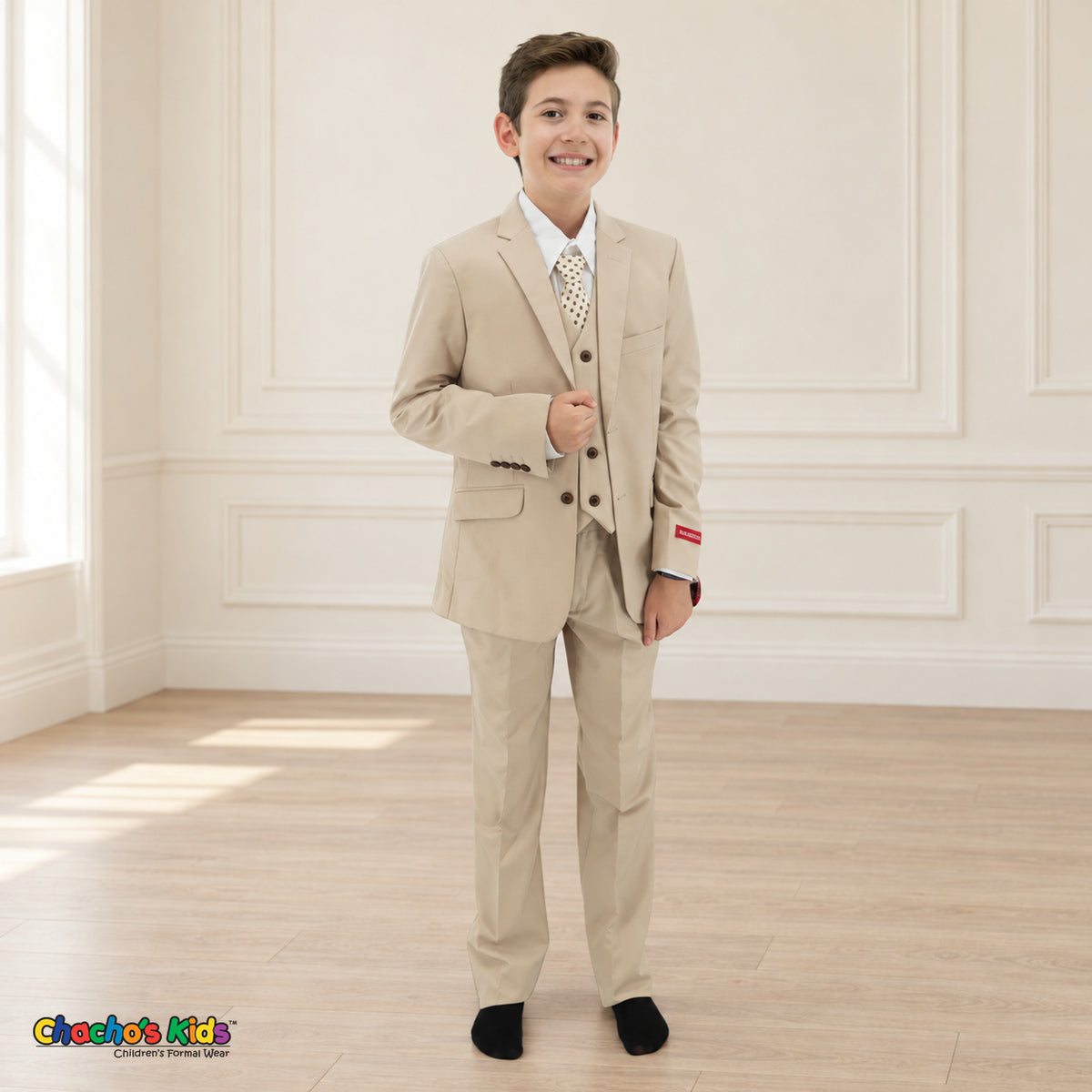 Khaki BJ4005 Premium Executive boys suit, front view with matching coat and vest, white shirt and light dotted tie.