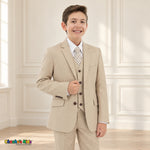 Khaki BJ4005 Premium Executive boys suit on the existing child model, front portrait with matching coat and vest, white shirt and dotted tie.