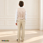 Khaki BJ4005 Premium Executive boys suit, vest back view showing the satin fabric, adjustable strap, buckle and matching trousers.