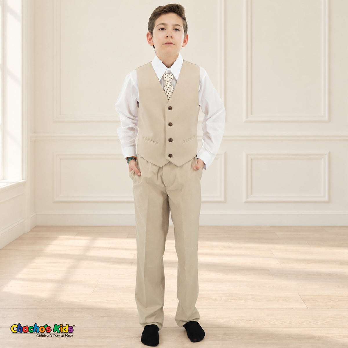 Khaki BJ4005 Premium Executive boys suit, vest front view with matching trousers and white shirt.