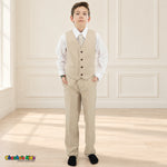 Khaki BJ4005 Premium Executive boys suit, vest front view with matching trousers and white shirt.
