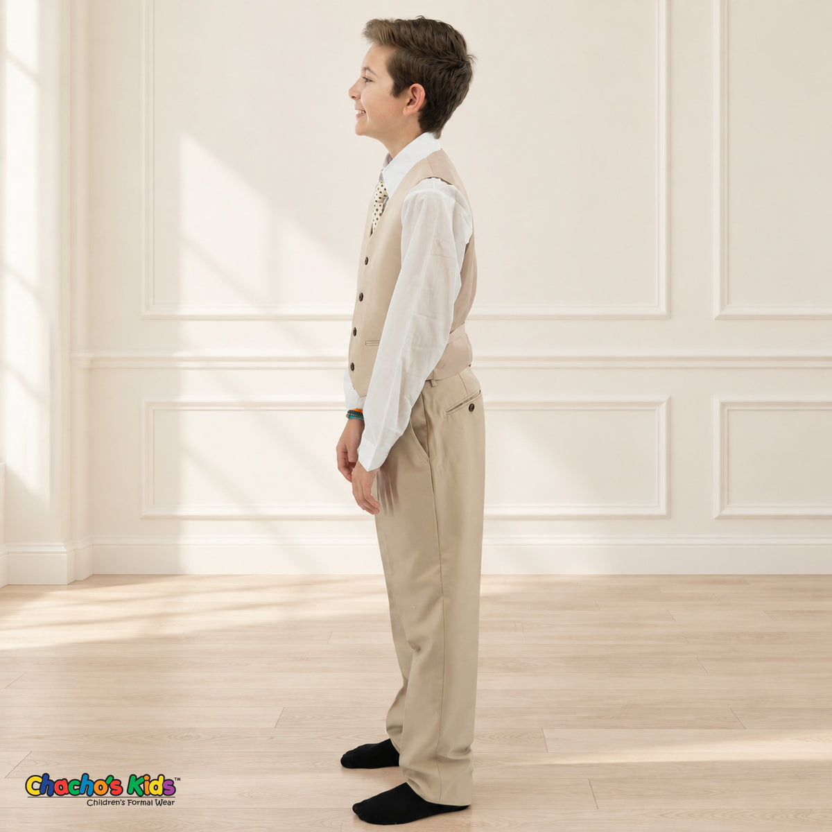 Khaki BJ4005 Premium Executive boys suit, vest left side view with matching trousers and white shirt.