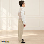 Khaki BJ4005 Premium Executive boys suit, vest right side view with matching trousers and white shirt.