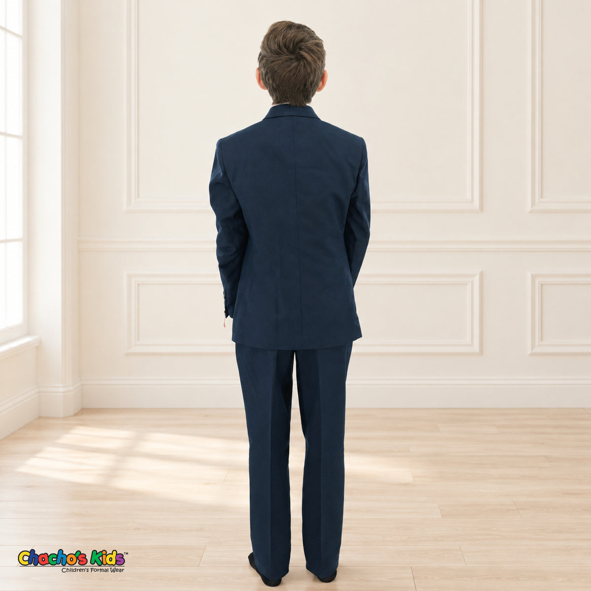 Navy Blue BJ4005 Premium Executive boys suit, coat back view showing the jacket and matching trousers.