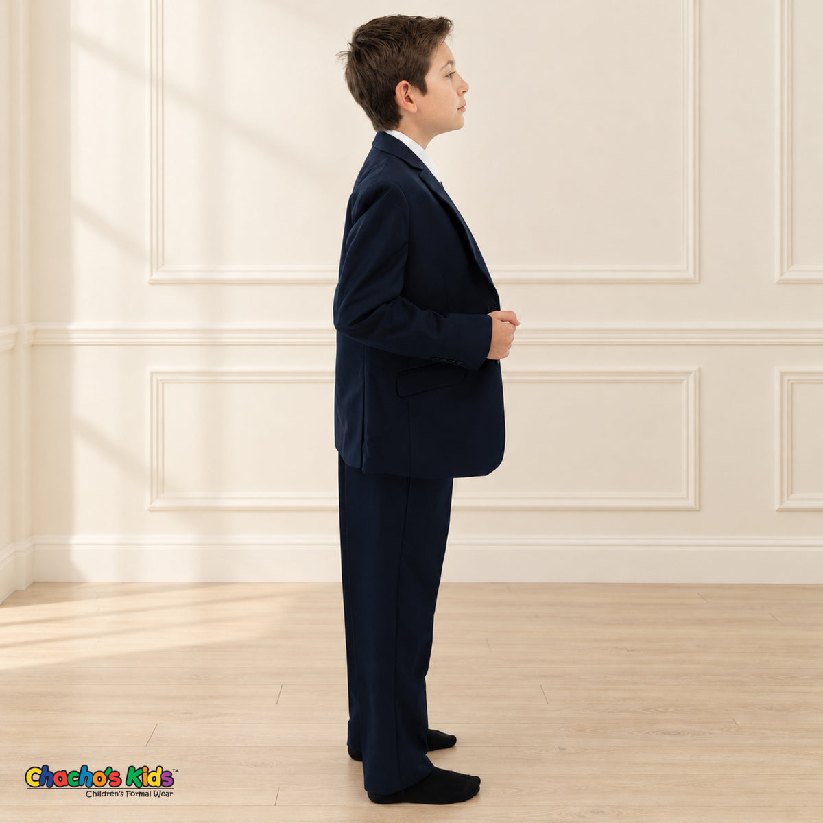 Navy Blue BJ4005 Premium Executive boys suit, coat right side view showing the jacket and matching trousers.