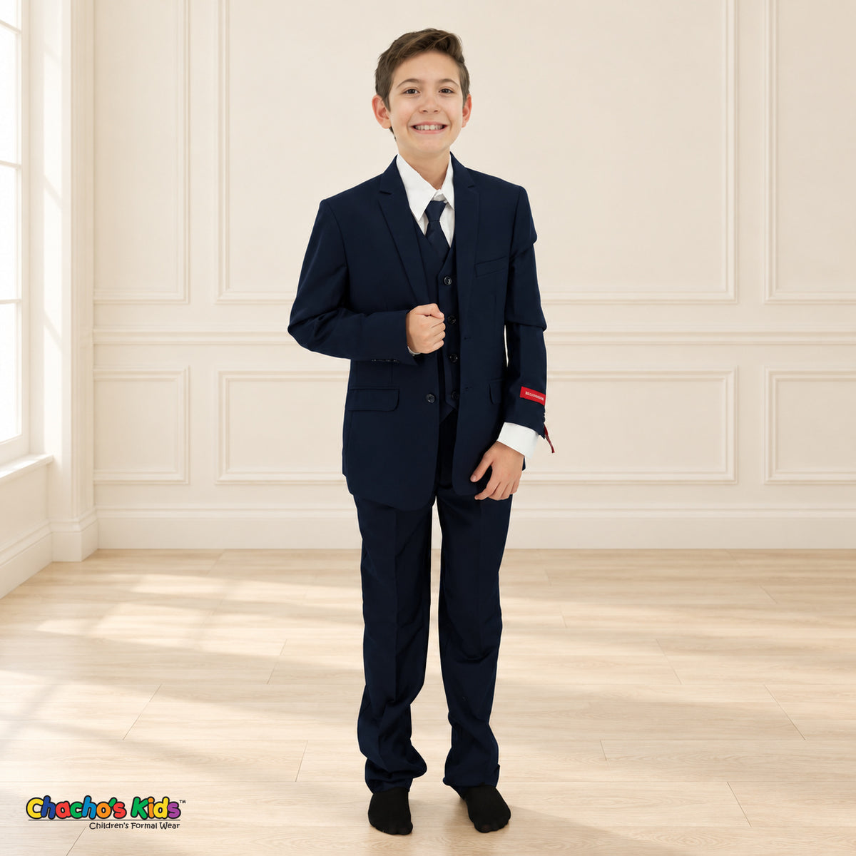 Navy Blue BJ4005 Premium Executive boys suit, front alternate view with matching coat and vest, white shirt and navy tie.
