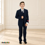 Navy Blue BJ4005 Premium Executive boys suit, front alternate view with matching coat and vest, white shirt and navy tie.