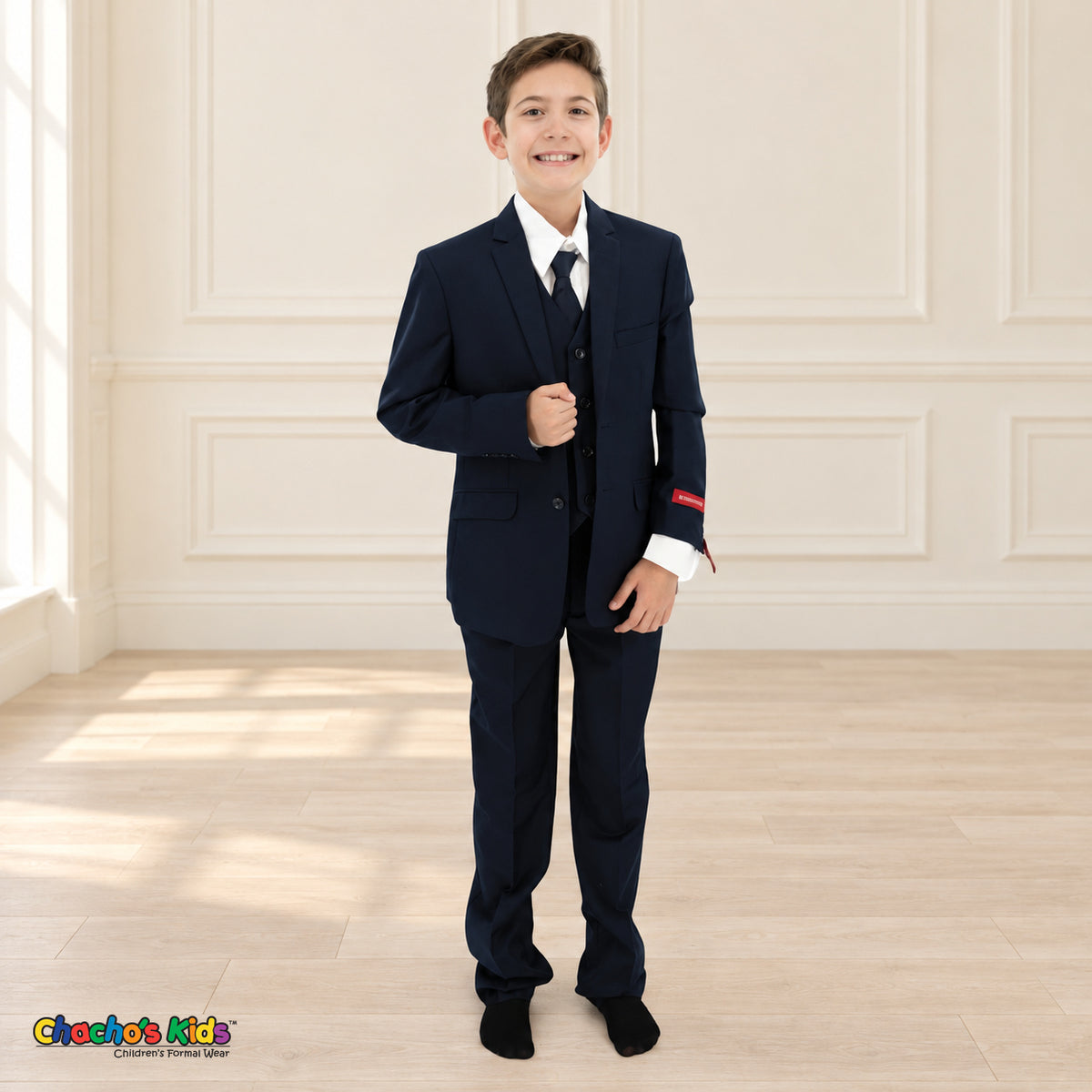 Navy Blue BJ4005 Premium Executive boys suit, front view with matching coat and vest, white shirt and navy tie.