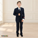 Navy Blue BJ4005 Premium Executive boys suit, front view with matching coat and vest, white shirt and navy tie.