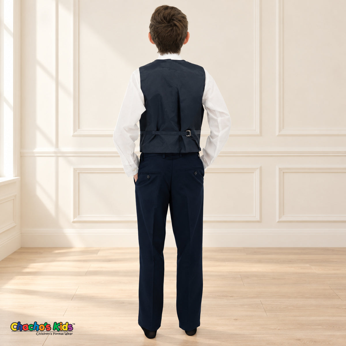 Navy Blue BJ4005 Premium Executive boys suit, vest back view showing the satin fabric, adjustable strap, buckle and matching trousers.
