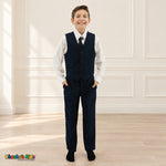 Navy Blue BJ4005 Premium Executive boys suit, vest front view with matching trousers and white shirt.