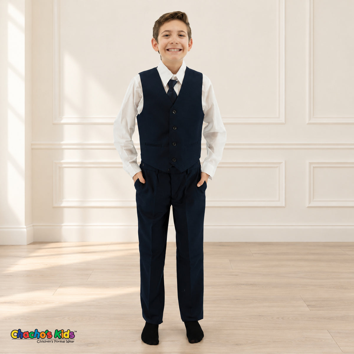Navy Blue BJ4005 Premium Executive boys suit, vest front view with matching trousers and white shirt.