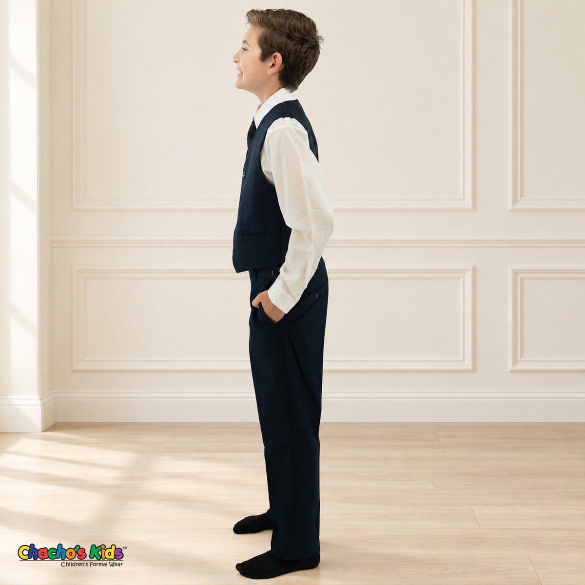 Navy Blue BJ4005 Premium Executive boys suit, vest left side view with matching trousers and white shirt.