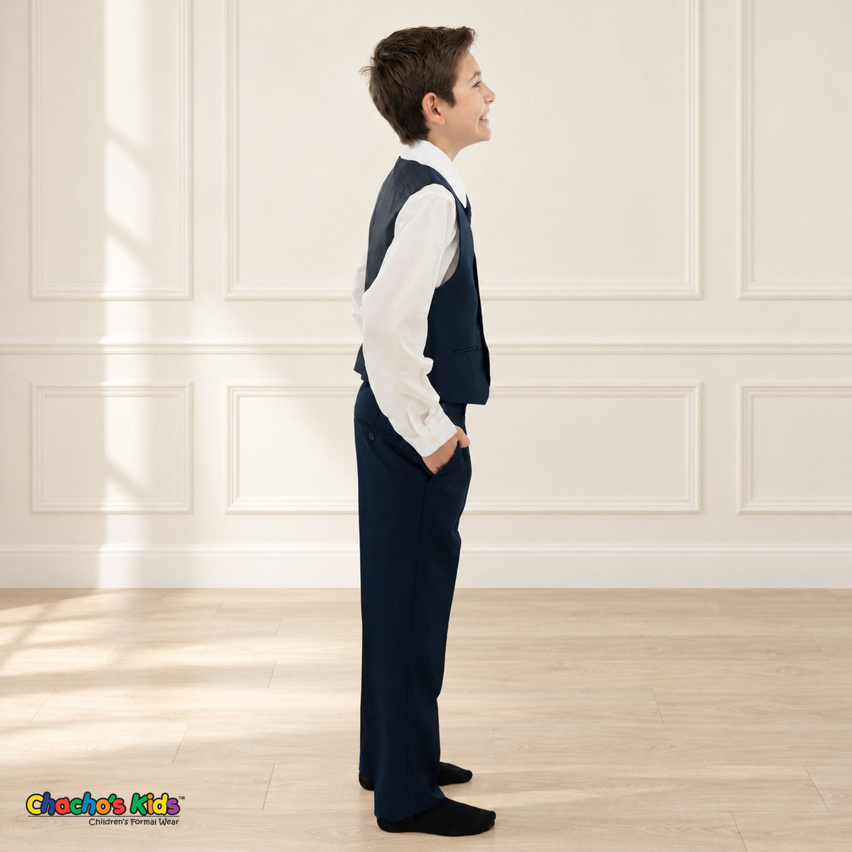 Navy Blue BJ4005 Premium Executive boys suit, vest right side view with matching trousers and white shirt.