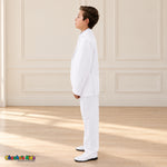 White BJ4005 Premium Executive boys suit, coat side view showing the notched lapels, sleeve buttons and matching trousers.
