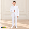White BJ4005 Premium Executive boys suit, front view with matching coat and vest, white shirt and white tie.