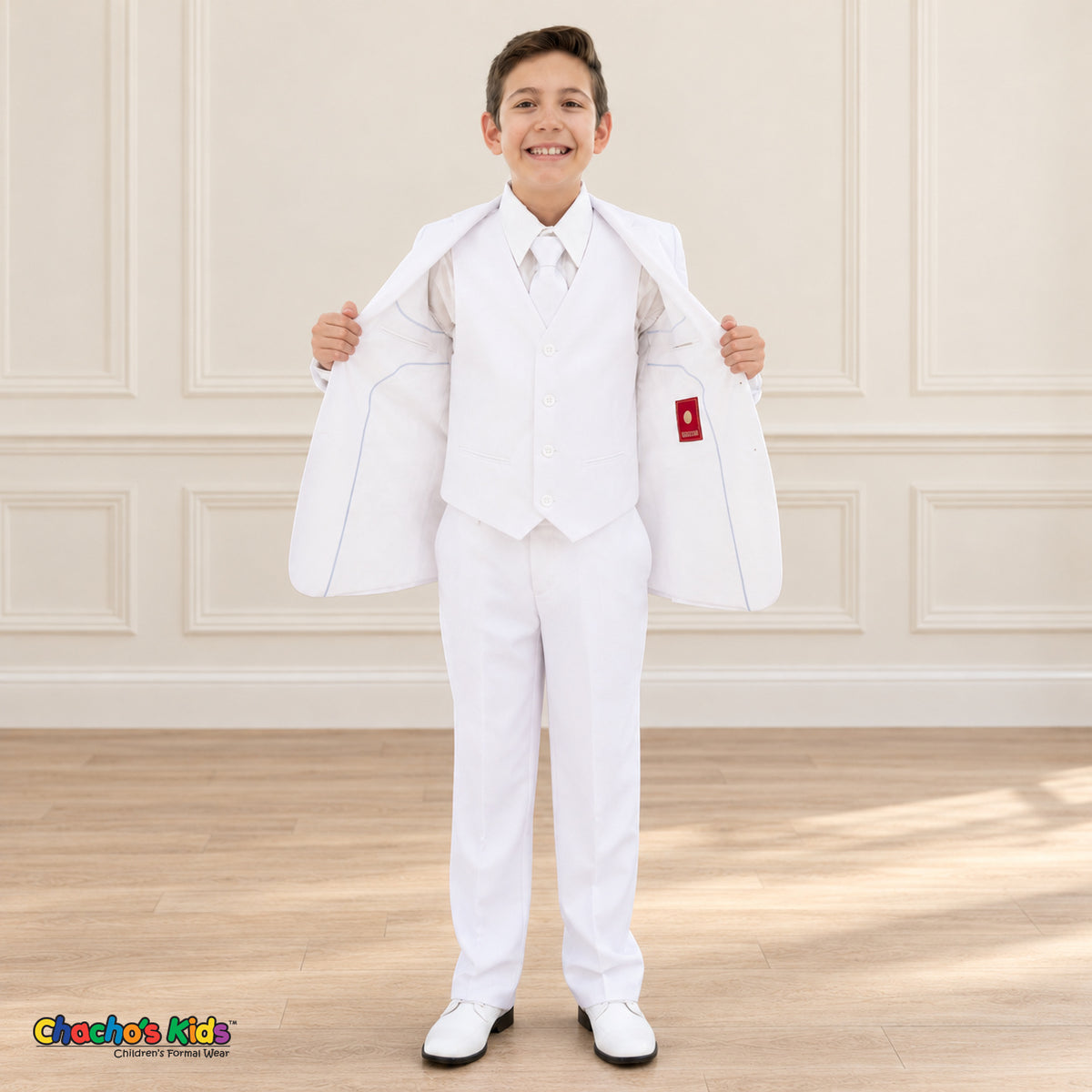 White BJ4005 Premium Executive boys suit, open jacket view showing the white lining, inside label and matching vest.