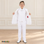 White BJ4005 Premium Executive boys suit, open jacket view showing the white lining, inside label and matching vest.