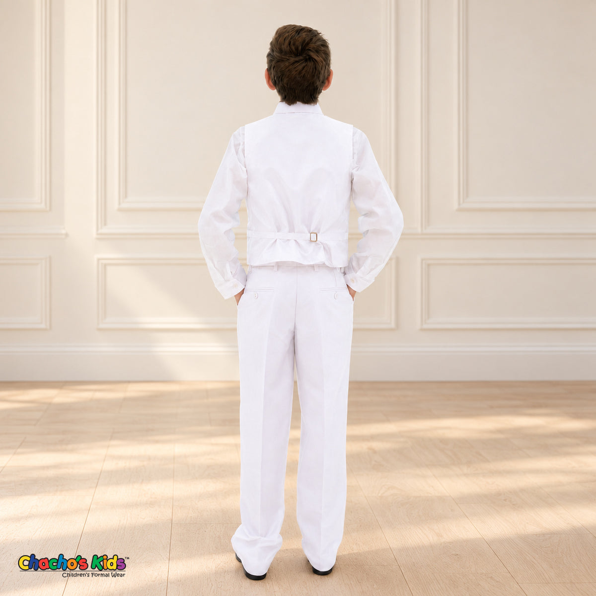 White BJ4005 Premium Executive boys suit, vest back view showing the adjustable strap and matching trousers.