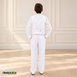 White BJ4005 Premium Executive boys suit, vest back view showing the adjustable strap and matching trousers.