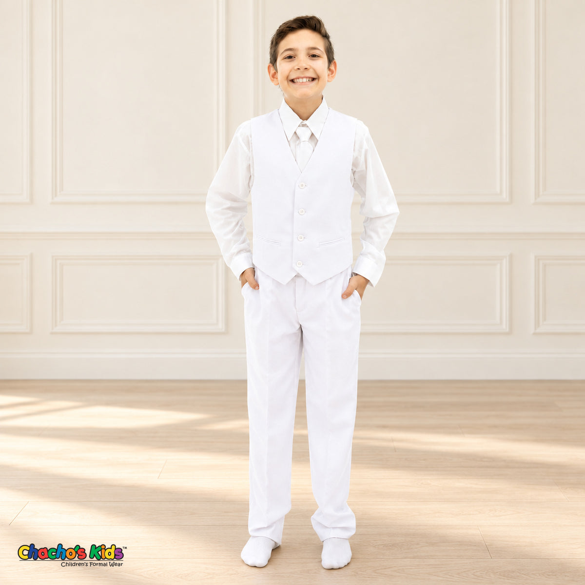 White BJ4005 Premium Executive boys suit, vest front view with white shirt, tie and matching trousers.