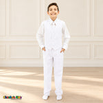 White BJ4005 Premium Executive boys suit, vest front view with white shirt, tie and matching trousers.
