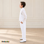 White BJ4005 Premium Executive boys suit, vest side view with white shirt and matching trousers.