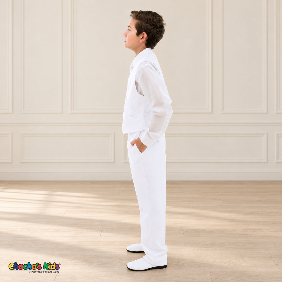 White BJ4005 Premium Executive boys suit, vest side view with white shirt and matching trousers.