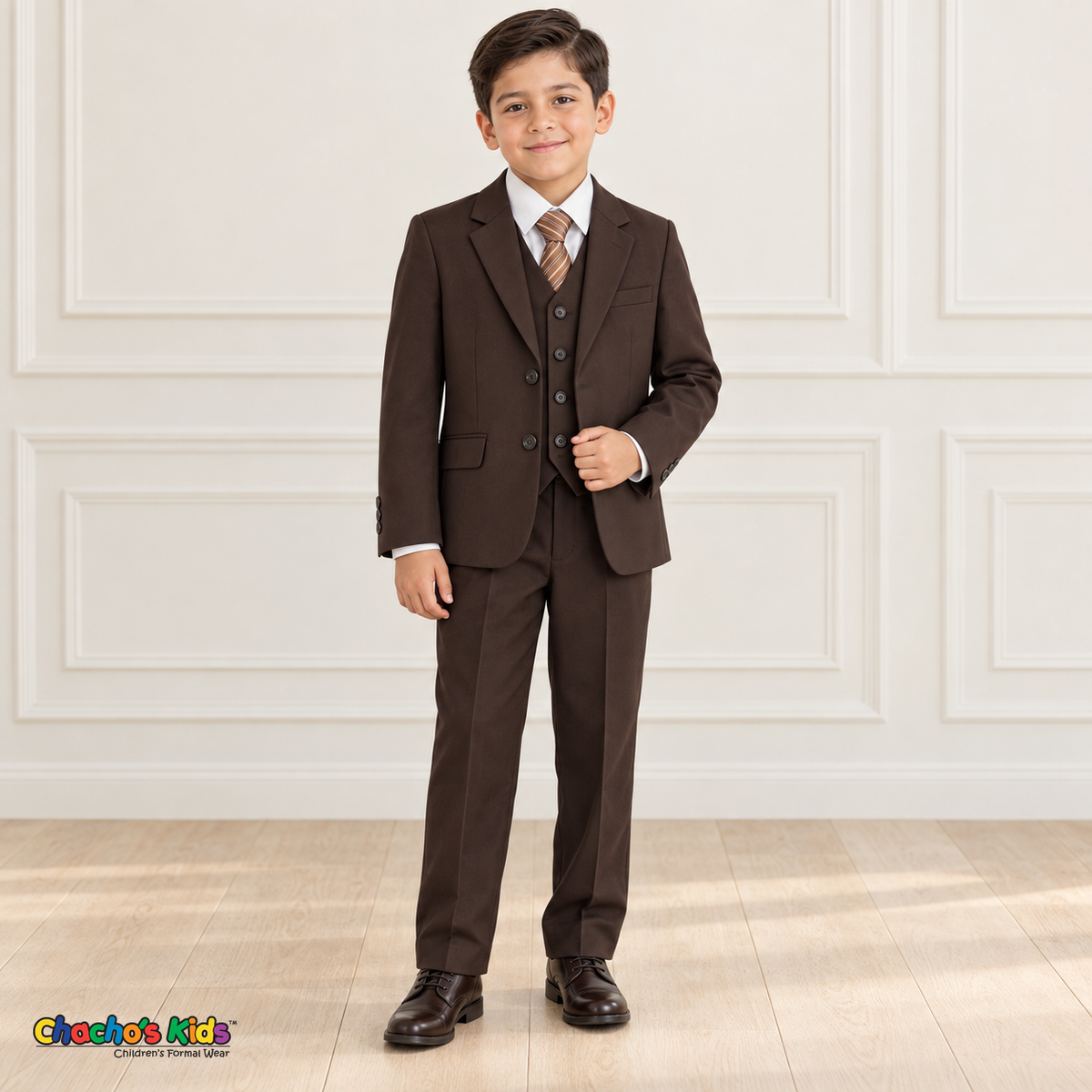 Brown five-piece boys suit, front model view with two-button coat, matching vest and trousers, white shirt and striped tie