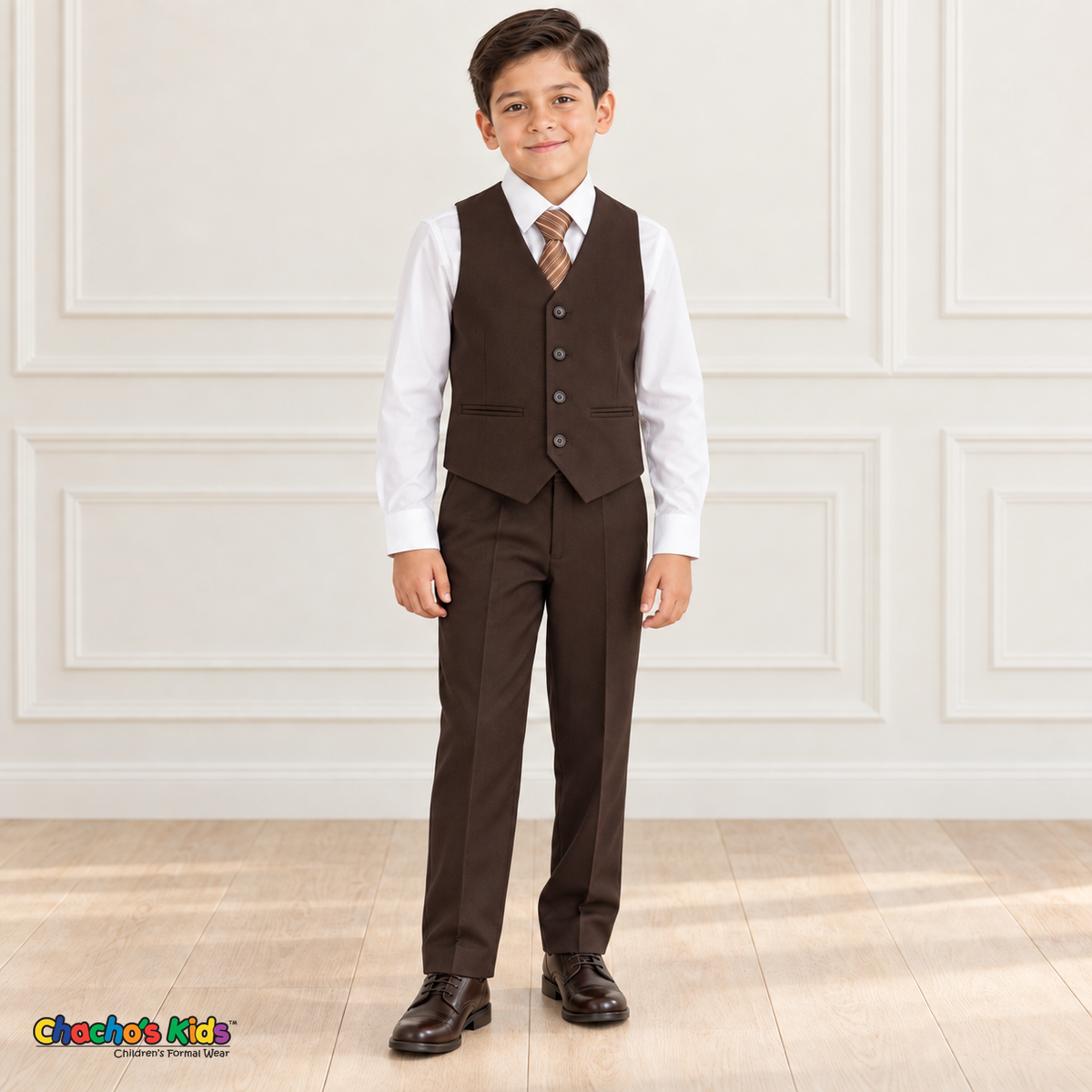 Brown boys suit vest view, four-button vest and matching trousers with white long-sleeve shirt and brown striped tie