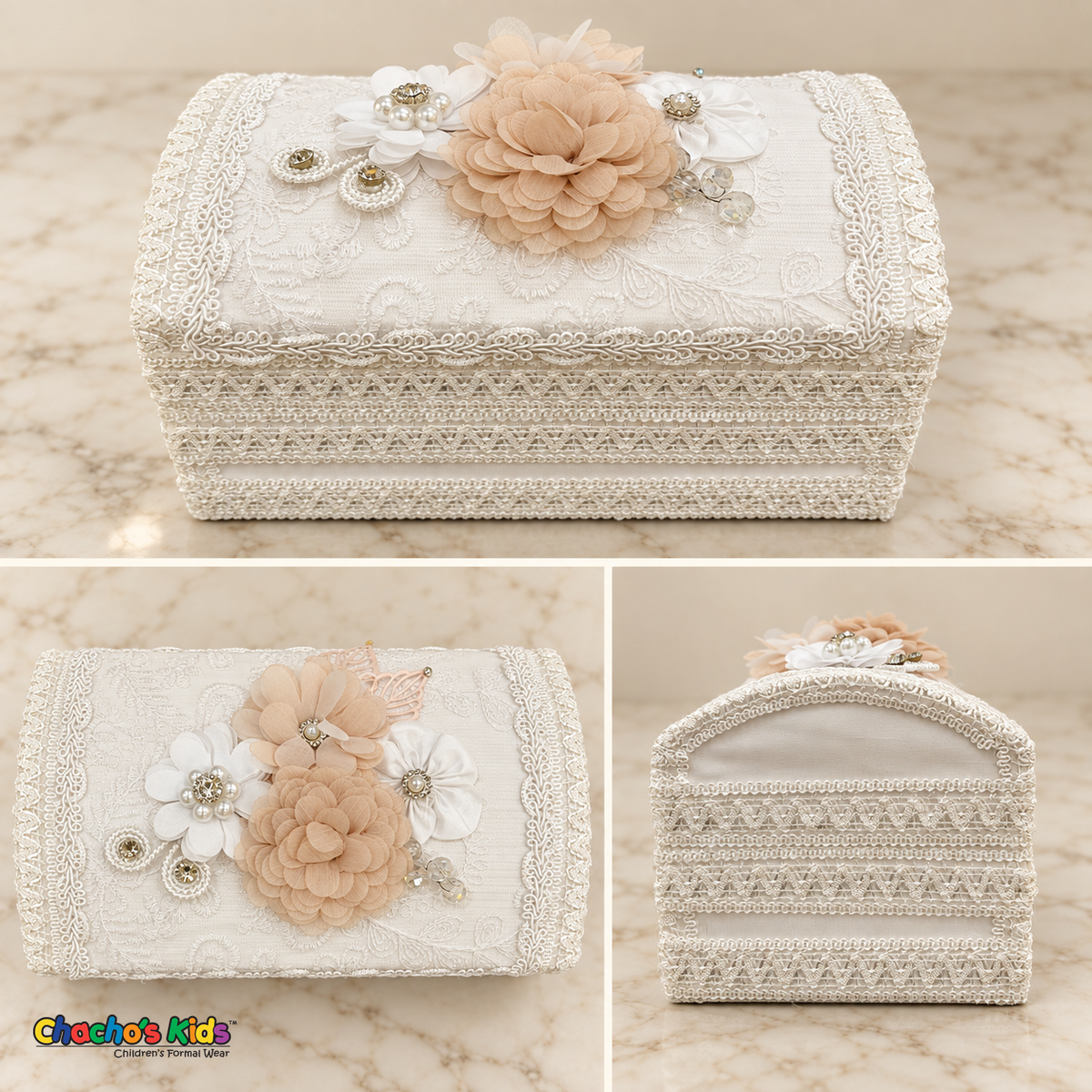 Front, top and side views of the long white lace keepsake chest with champagne and white flowers.