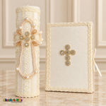 Cream ivory baptism candle and matching Bible with pearl-like accents, champagne beads and gold-tone crystal crosses
