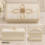 Three views of the cream ivory baptism keepsake chest showing its decorated lid, long side and rounded end