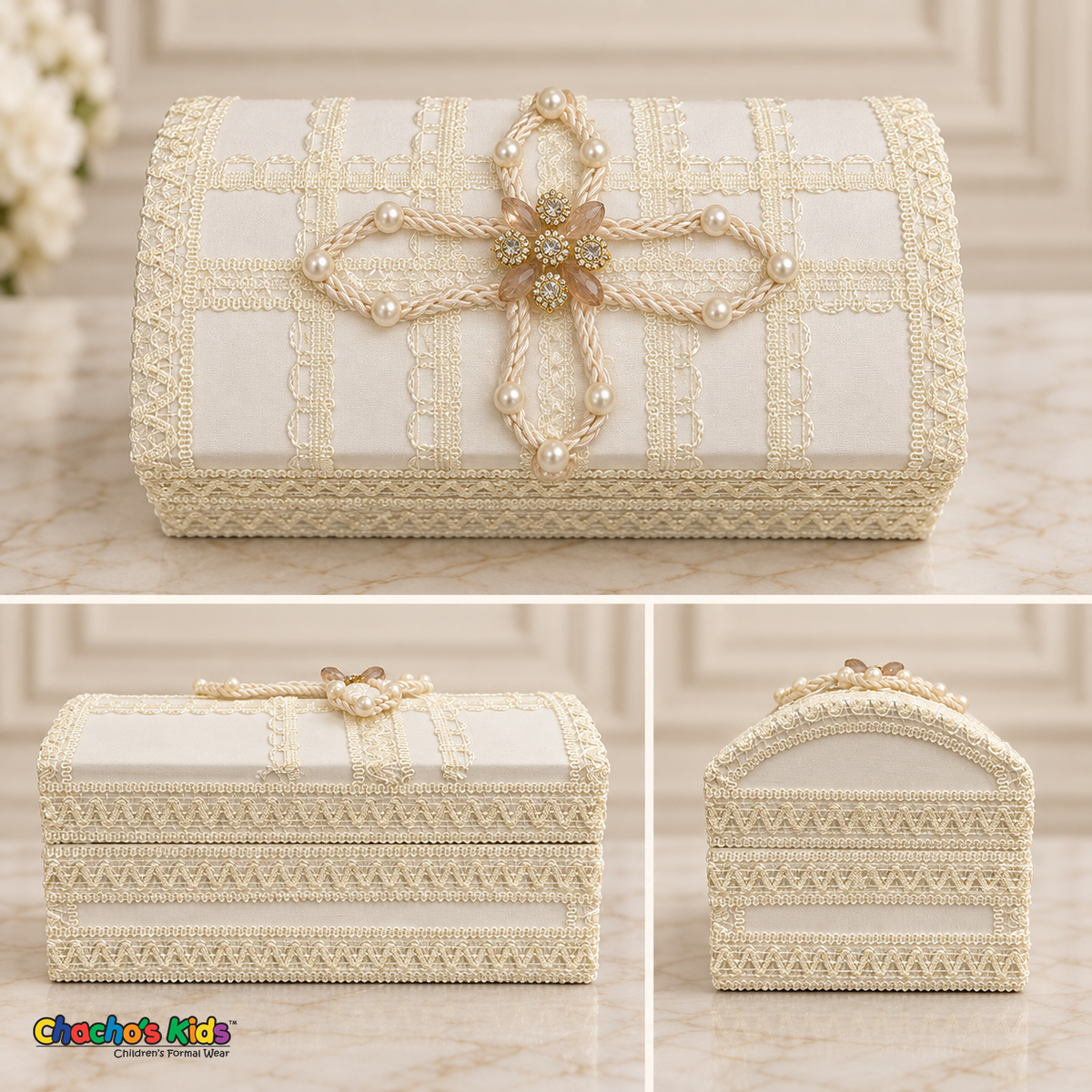 Three views of the cream ivory baptism keepsake chest showing its decorated lid, long side and rounded end