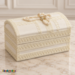 Cream ivory baptism keepsake chest with geometric lace bands, pearl-like beads and champagne crystal cross on its rounded lid