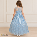 Girl wearing the Baby Blue Floral Embroidered Dress, Style D1550, back view, showing the embroidered sheer back, zipper and satin bow.