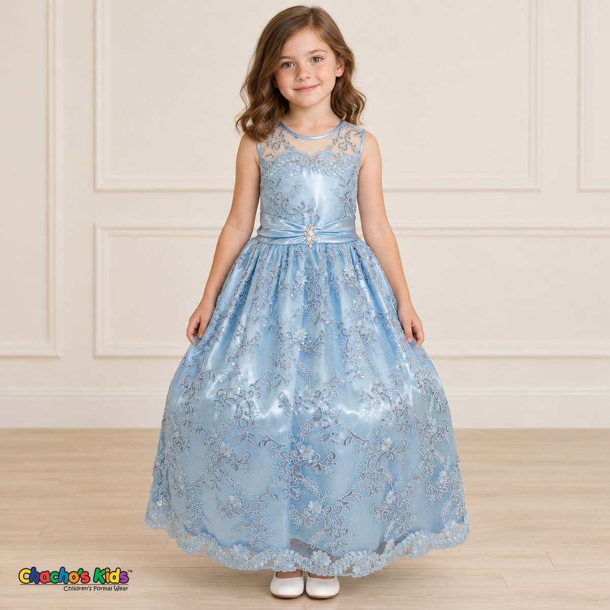 Girl wearing the Baby Blue Floral Embroidered Dress, Style D1550, front view, showing floral embroidery, a sheer neckline and a decorated satin sash.