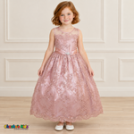 Girl wearing the Dusty Rose Floral Embroidered Dress, Style D1550, front view, showing floral embroidery, a sheer neckline and a decorated satin sash.