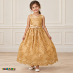 Girl wearing the Gold Floral Embroidered Dress, Style D1550, front view, showing floral embroidery, a sheer neckline and a decorated satin sash.