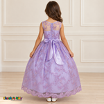 Girl wearing the Lilac Floral Embroidered Dress, Style D1550, back view, showing the embroidered sheer back, zipper and satin bow.