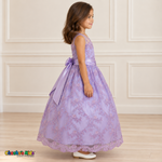 Girl wearing the Lilac Floral Embroidered Dress, Style D1550, side view, showing the sleeveless silhouette, floral embroidery and scalloped skirt.