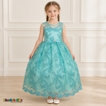 Girl wearing the Mint Green Floral Embroidered Dress, Style D1550, front view, showing floral embroidery, a sheer neckline and a decorated satin sash.
