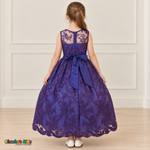 Girl wearing the Purple Floral Embroidered Dress, Style D1550, back view, showing the embroidered sheer back, zipper and satin bow.
