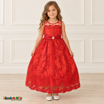 Girl wearing the Red Floral Embroidered Dress, Style D1550, front view, showing floral embroidery, a sheer neckline and a decorated satin sash.