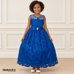 Girl wearing the Royal Blue Floral Embroidered Dress, Style D1550, front view, showing floral embroidery, a sheer neckline and a decorated satin sash.