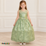 Girl wearing the Sage Green Floral Embroidered Dress, Style D1550, front view, showing floral embroidery, a sheer neckline and a decorated satin sash.