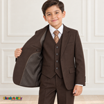 Boy holding his brown suit coat open to show the fine dotted interior lining and inside pocket.