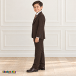 Side view of a boy wearing the brown executive Italian-cut five-piece suit.