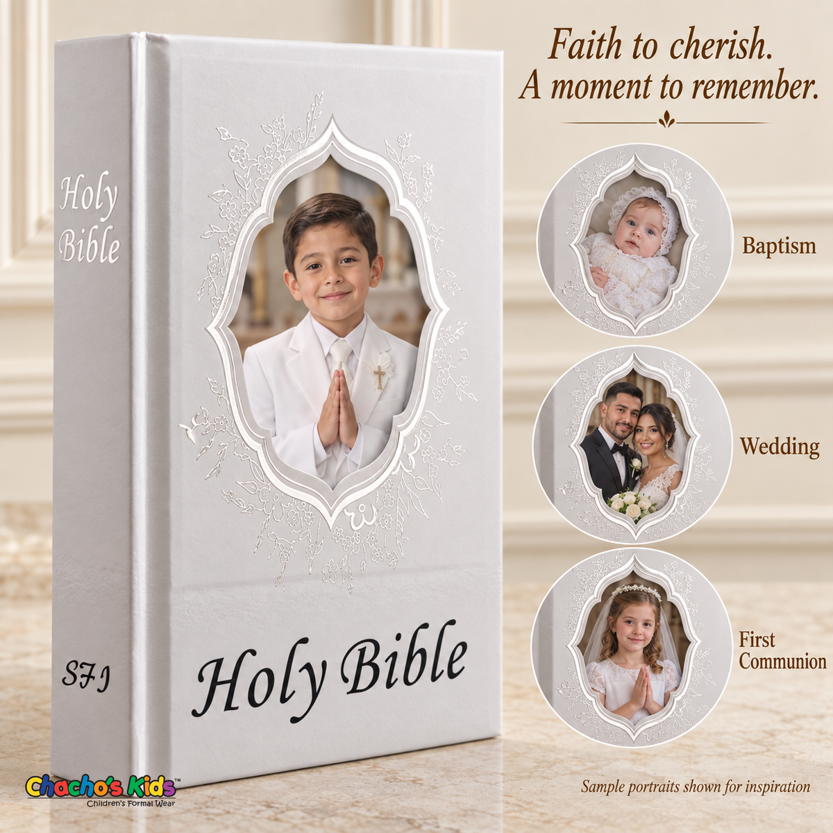 Large English Holy Bible with white hardcover and silver floral details, with sample baptism, wedding, and First Communion portraits