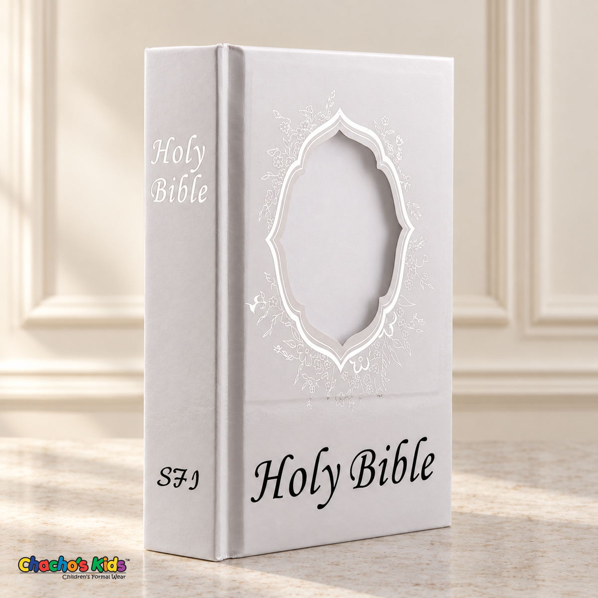 Large English Holy Bible with white hardcover and silver floral details, with blank ornate photo window